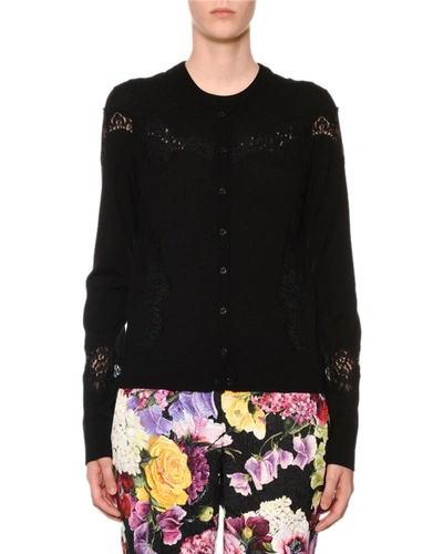Dolce & Gabbana Crewneck Button-front Lace-inset Cardigan In Black