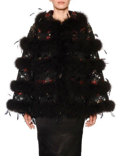 Dolce & Gabbana Ostrich-feather Brocade Cape In Black/red