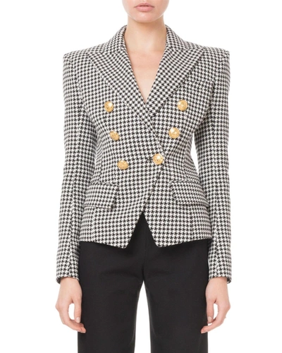 Balmain Double-breasted Houndstooth Cotton-blend Jacquard Blazer In Blk-wht