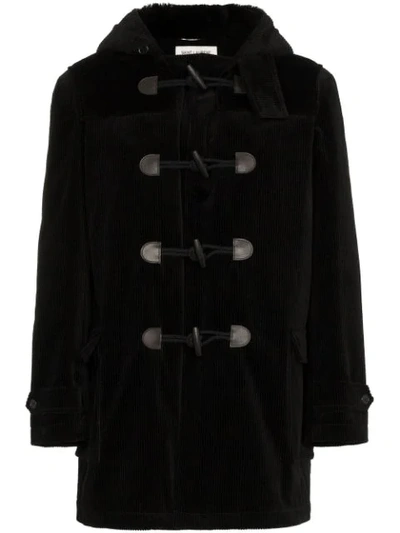 Saint Laurent Shearling Lined Corduroy Cotton Duffle Coat In 1000 Black