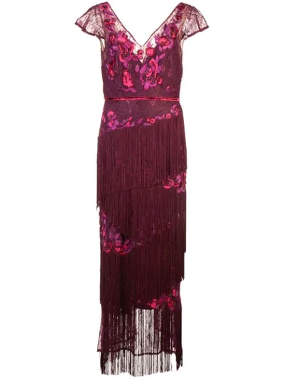 Marchesa Notte V-neck Fringed Dress In Red