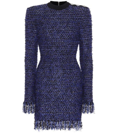 Balmain Fringed Tweed & Lurex Mini Dress In Blue