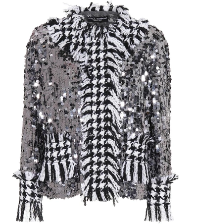 Dolce & Gabbana Sequined Houndstooth Jacket In Silver Black
