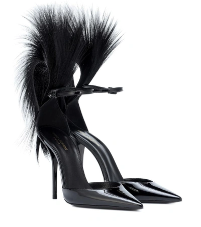 Saint Laurent Jamie Fur And Crystal-embellished Leather Pumps In Black