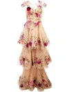 MARCHESA LAYERED FLORAL GOWN