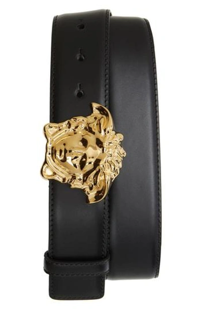 Versace La Medusa Greca Print Reversible Leather Belt In Black/gold
