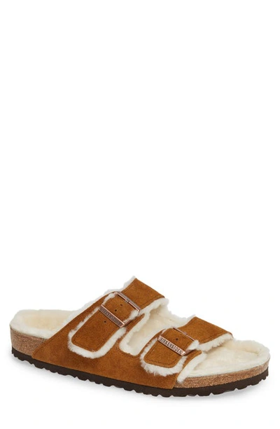 Birkenstock Arizona Slide Sandal With Genuine Shearling In Beige