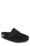 Birkenstock Suede Leather Emblem Buckle Slippers In Black