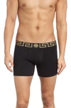Versace Iconic Slim-fit Branded Stretch-cotton Trunks In Black/ Gold