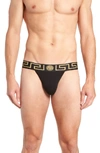 Versace Greek Key Low-rise Jock Strap In Black/ Gold