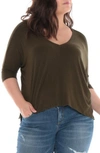 Slink Jeans Ribbed V-neck Top In Dark Olive