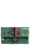 CLARE V SNAKE EMBOSSED LEATHER FOLDOVER CLUTCH,HB-CL-FO-100020-GRN