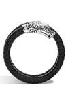 John Hardy Sterling Silver Legends Naga Double Coil Bracelet With Braided Black Leather & Sapphire Eyes In Black