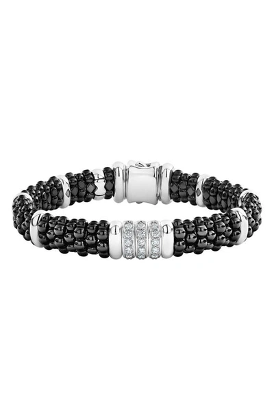 Lagos Sterling Silver Black Caviar Collection Pave Diamond & Black Ceramic Station Bracelet In White/black