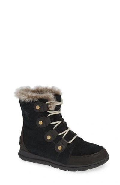 Sorel Explorer Joan Faux Fur-trimmed Waterproof Suede And Leather Ankle Boots In Black