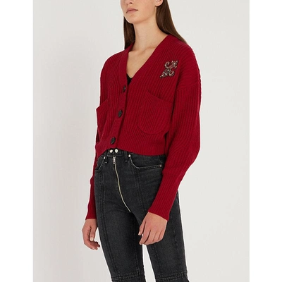 The Kooples Embellished-patch Wool And Cashmere-blend Cardigan In Red