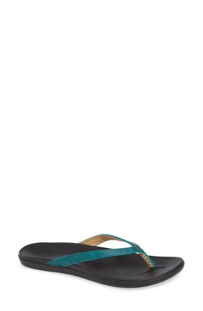 Olukai 'ho Opio' Leather Flip Flop In Legion Blue/ Black Leather