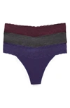 Natori Bliss Perfection Thongs, Set Of 3 In Fig/ Asphalt/ Dark Iris