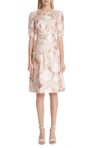Lela Rose Holly Floral-embroidered 1/2-sleeve A-line Cocktail Dress In Rose