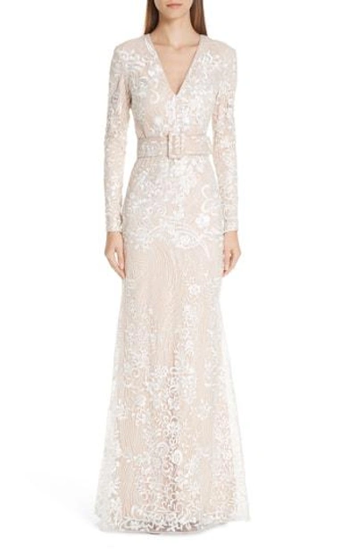 Badgley Mischka Embroidered Long-sleeve Belted Gown In Ivory