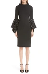 BADGLEY MISCHKA BEADED FLARE CUFF SHEATH DRESS,SC2120