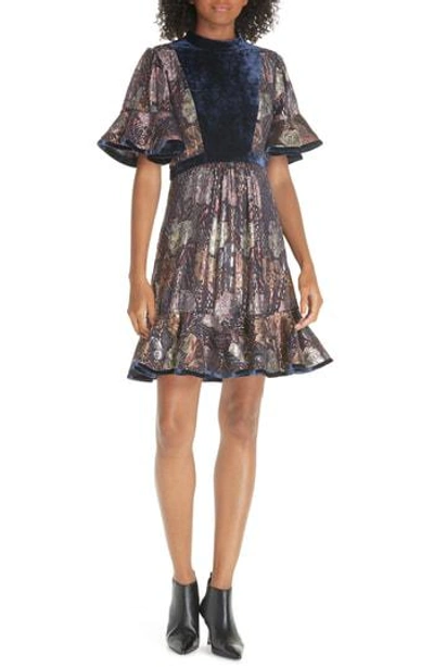 Rebecca Taylor Velvet-trimmed Metallic Floral Dress In Shadow Combo