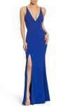 Dress The Population Iris Slit Crepe Gown In Blue