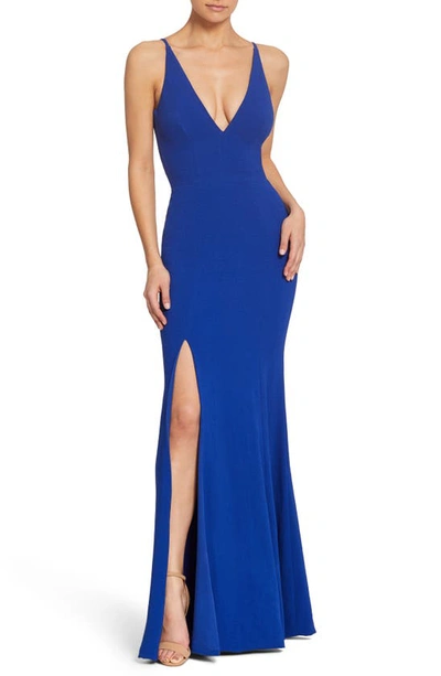 Dress The Population Iris Slit Crepe Gown In Blue