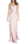 LA FEMME GATHERED STRAPLESS SATIN GOWN,26017