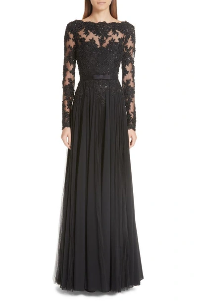 Badgley Mischka Long-sleeve Bead, Lace & Tulle Gown In Black