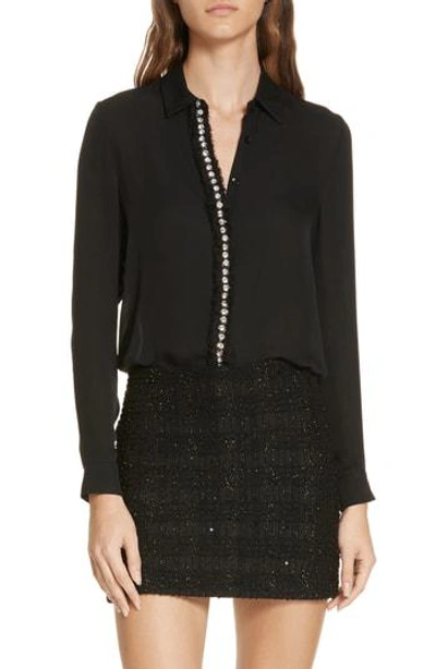 Alice And Olivia Willa Long-sleeve Silk Top With Embellished Placket In Black
