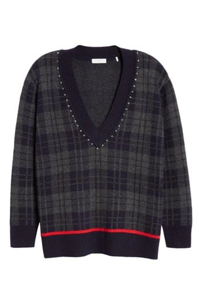 Sandro Embellished Check Sweater In Deep Navy