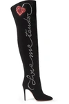 AQUAZZURA CUPID EMBELLISHED VELVET OVER-THE-KNEE BOOTS