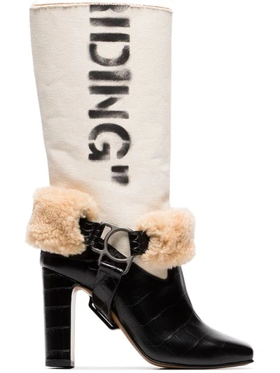 Off-white Beige For Riding Print Canvas Shearling Boots In Black