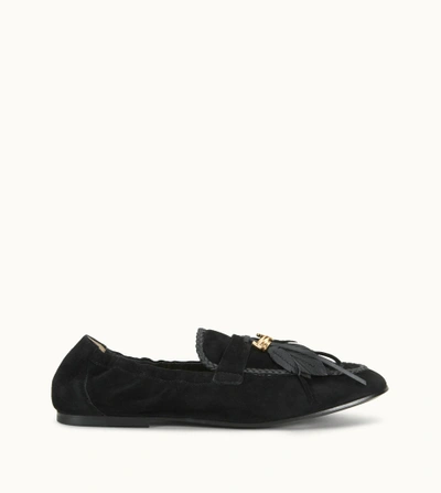 Tod's 10mm Suede Flats W/ Tassels In Black