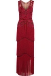 MARCHESA NOTTE WOMAN FRINGED EMBELLISHED TULLE GOWN CRIMSON,AU 4146401444678760
