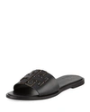 Tory Burch Double T Leather Slides In Black/silver