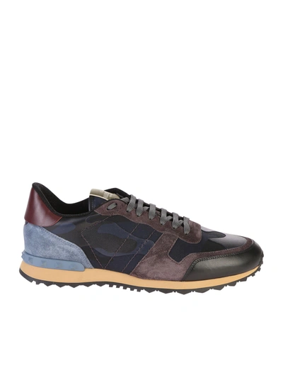 Valentino Garavani Rockrunner Camouflage Suede And Leather Trainers In Blue
