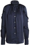 BAILEY44 BAILEY 44 WOMAN RUFFLE-TRIMMED SATIN BLOUSE MIDNIGHT BLUE,3074457345619358230