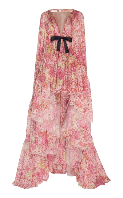 Giambattista Valli Bow-embellished Floral-print Silk Chiffon Gown In Pink