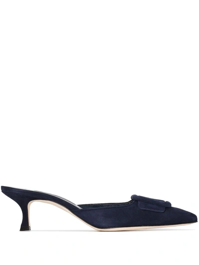 MANOLO BLAHNIK BLUE MAYSALE 50 BUCKLE SUEDE MULES