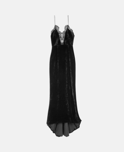 Stella Mccartney Cami-strap Lace-front Velvet Evening Gown With Fishtail Hem In Black