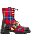 VERSACE VERSACE CHECK COMBAT BOOTS - RED