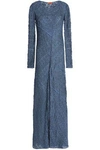 MISSONI WOMAN METALLIC CROCHET-KNIT MAXI DRESS STORM BLUE,AU 7668287965609928