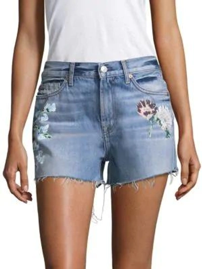 7 For All Mankind Cutoff Floral-painted Denim Shorts In Blue