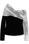 MONSE ONE-SHOULDER SEQUINED CREPE AND VELVET TOP