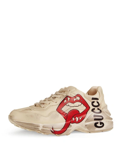 Gucci Men's Rhyton Leather Sneakers With Mouth Print In White