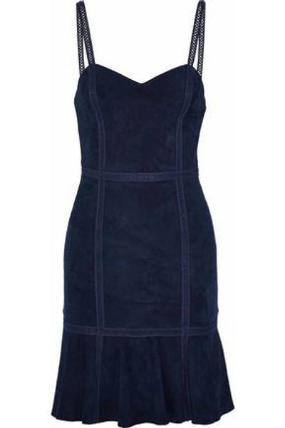 Alice And Olivia Desmond Sweetheart-neck Fit-and-flare Suede Dress In Navy