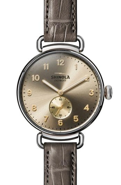 Shinola The Canfield Alligator Strap Watch, 38mm In Grey/ Taupe Sunray/ Silver