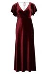 JENNY YOO Ellis Flutter Sleeve Stretch Velvet Gown,2831